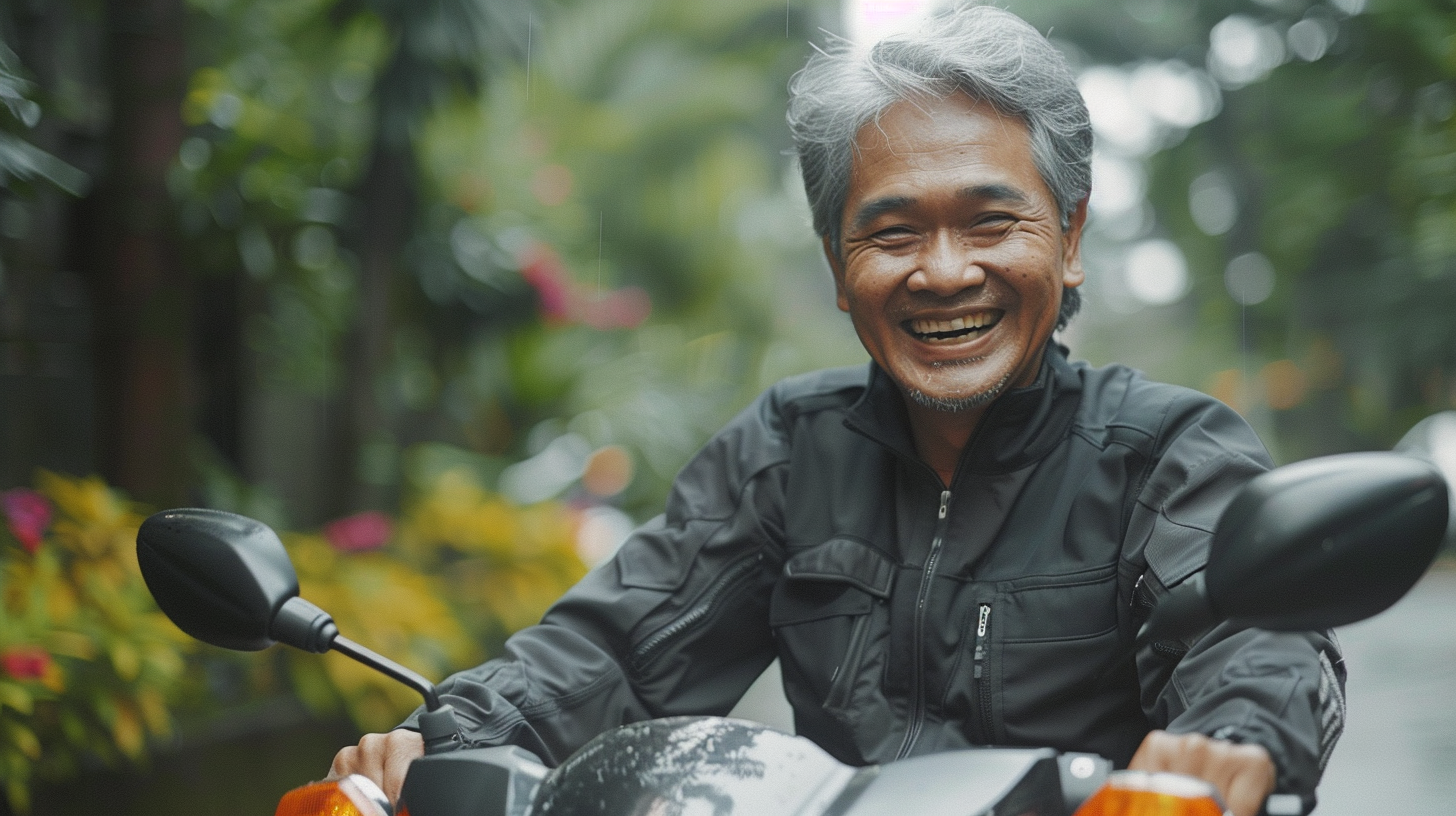 Smiling Indonesian man rides Yamaha RX King in garden