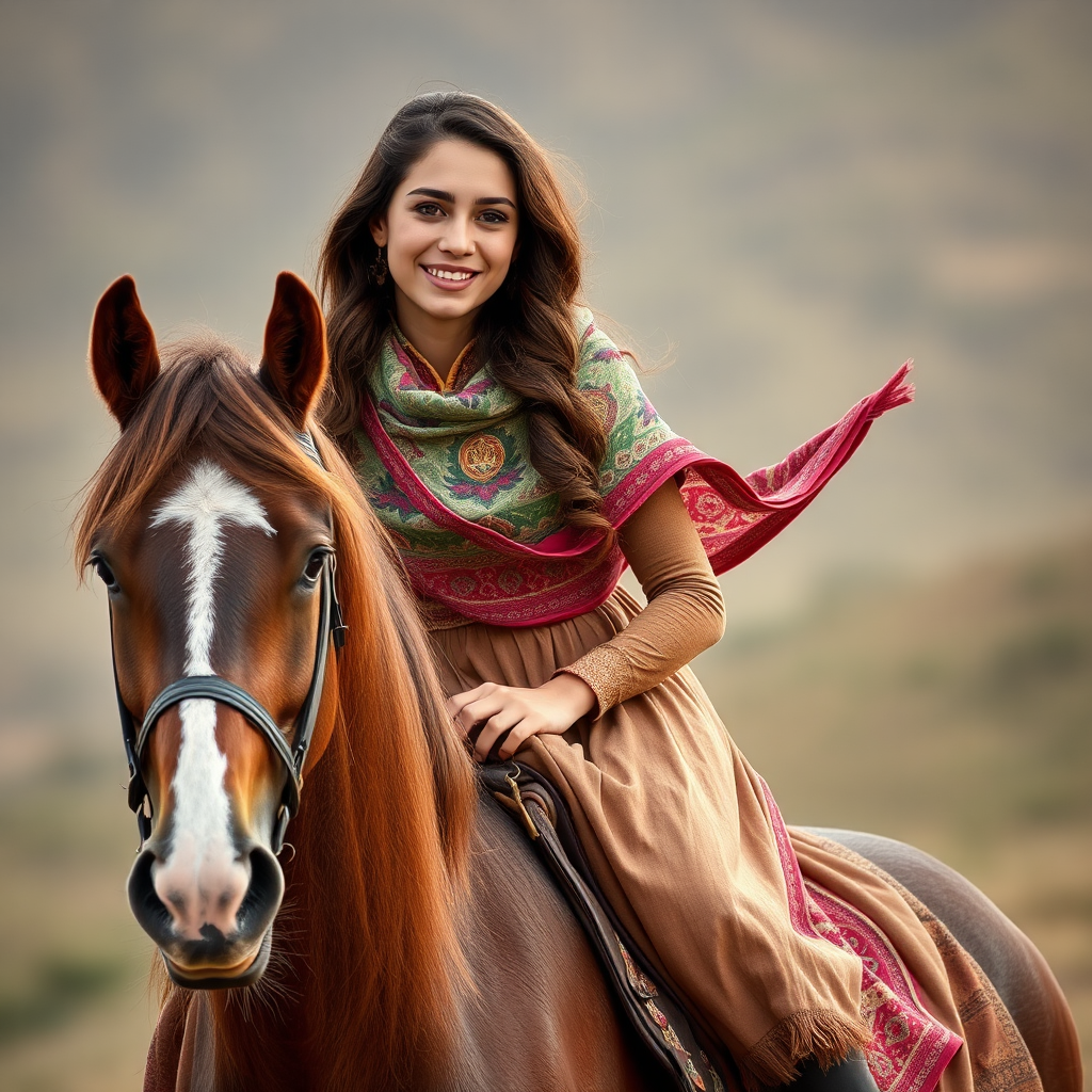 Smiling Iranian girl riding brown horse in local dress.