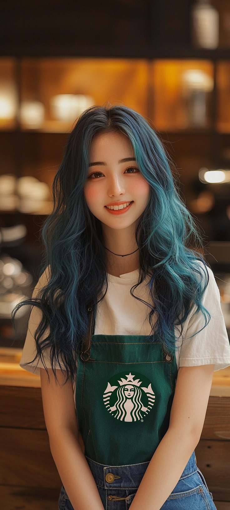 Smiling Japanese Starbucks employee with long wavy blue hair.