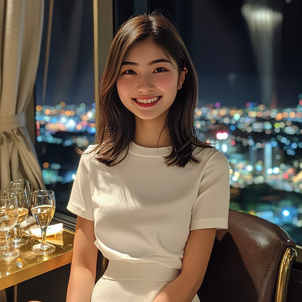 Smiling Japanese TV personality in stylish bar setting.