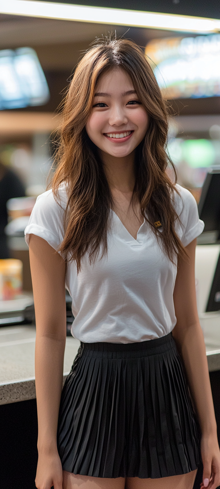 Smiling Japanese employee with beautiful hair at Taco Bell.