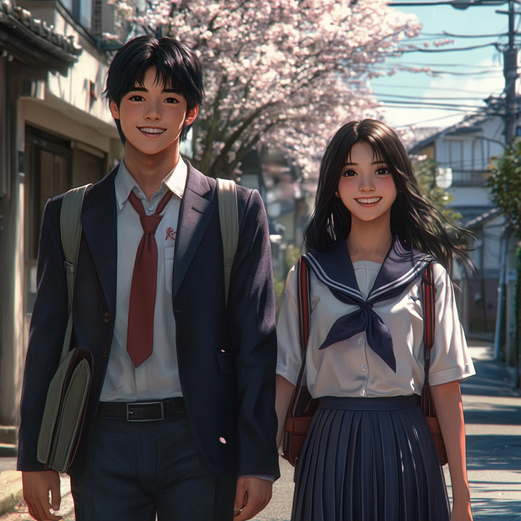 Smiling Japanese high school students walking home