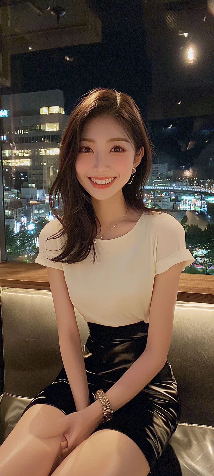 Smiling Japanese idol in stylish outfit, Osaka night view.