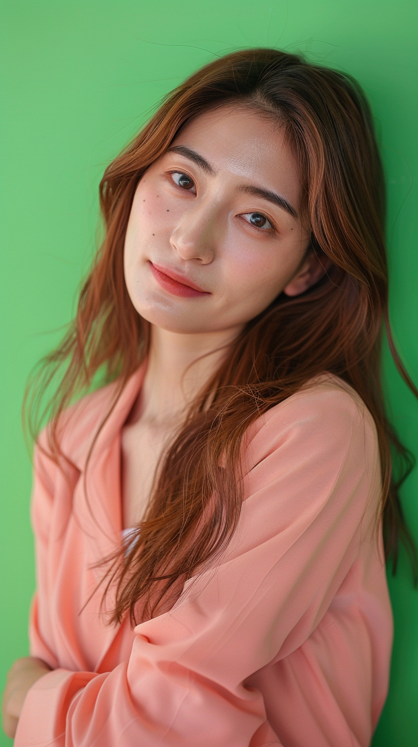 Smiling Japanese woman with light brown hair crossing arms.