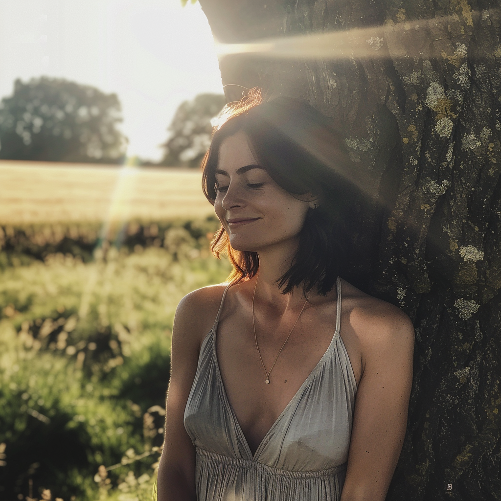 Smiling Jenna in halter dress under English sun