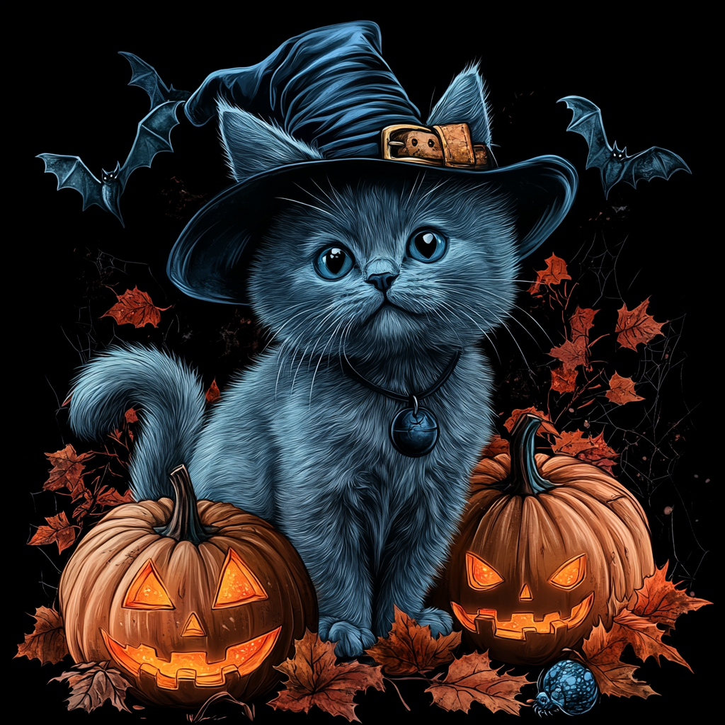 Smiling Kitten in Witch Hat on Halloween Night