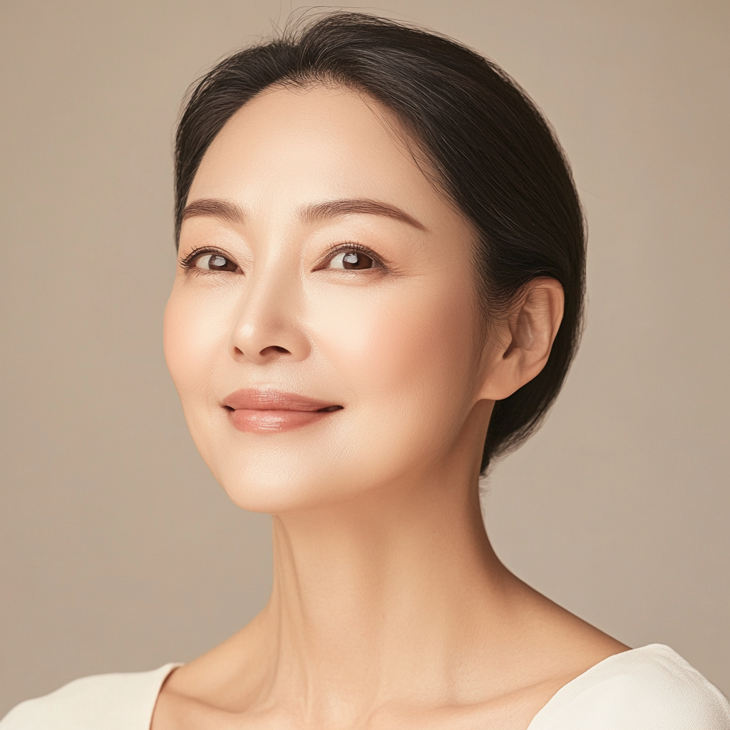 Smiling Korean woman in fifties for skincare ad.