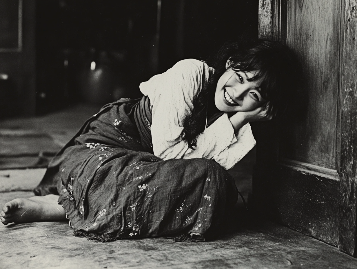 Smiling Korean woman in peasant girl outfit, hugging knees.