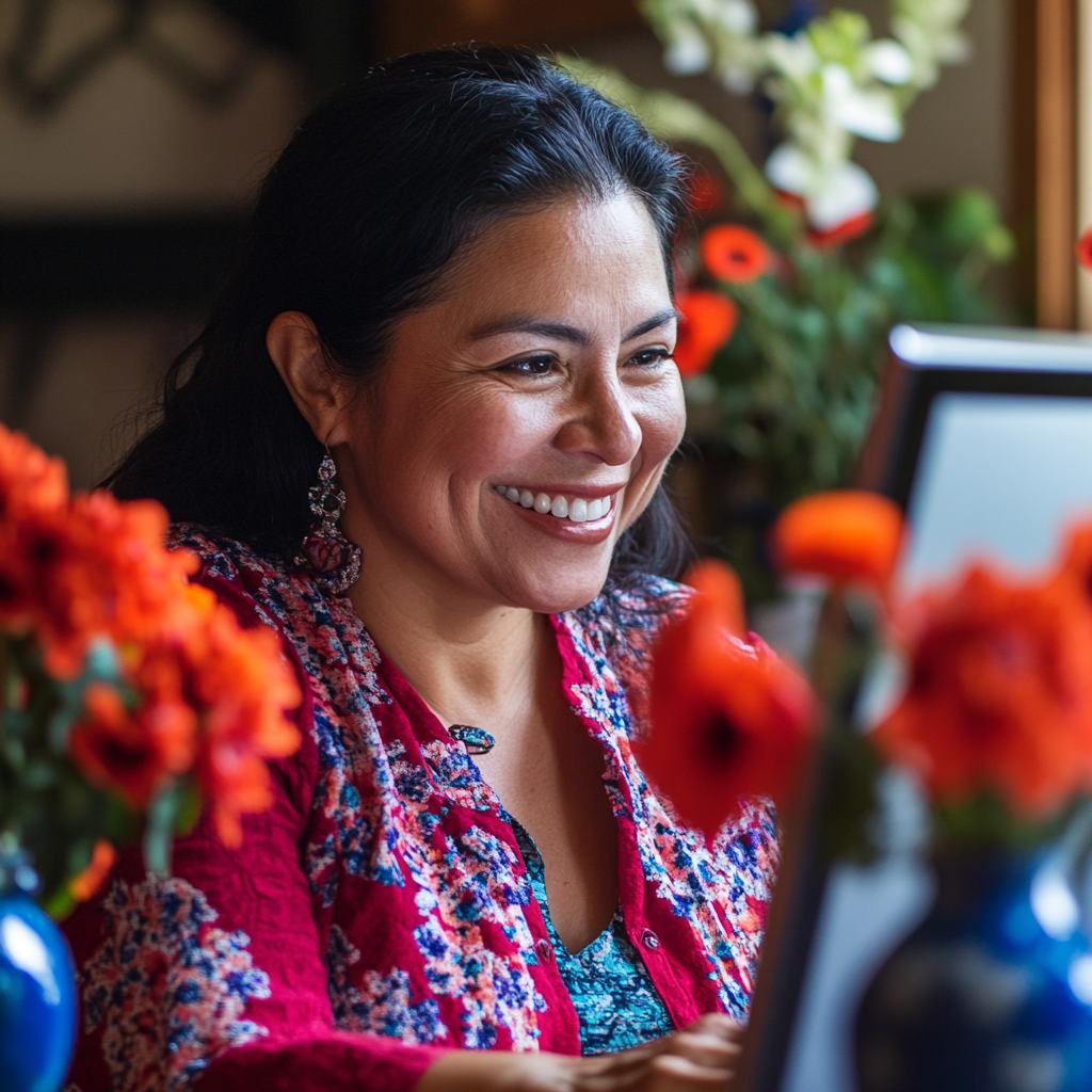 Smiling Latina woman at computer during virtual meeting.