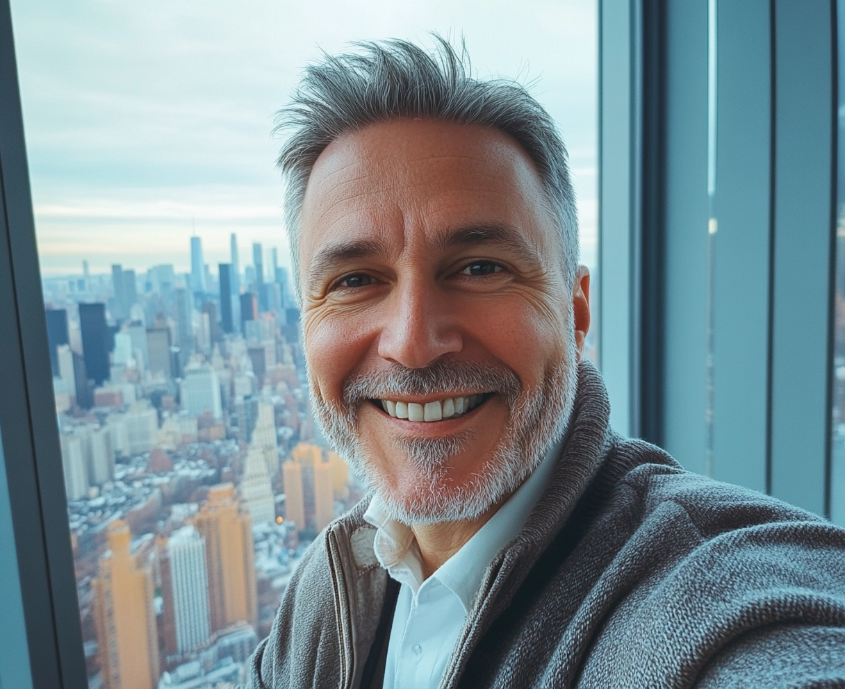 Smiling Mature Man's Selfie in High-Rise New York Office