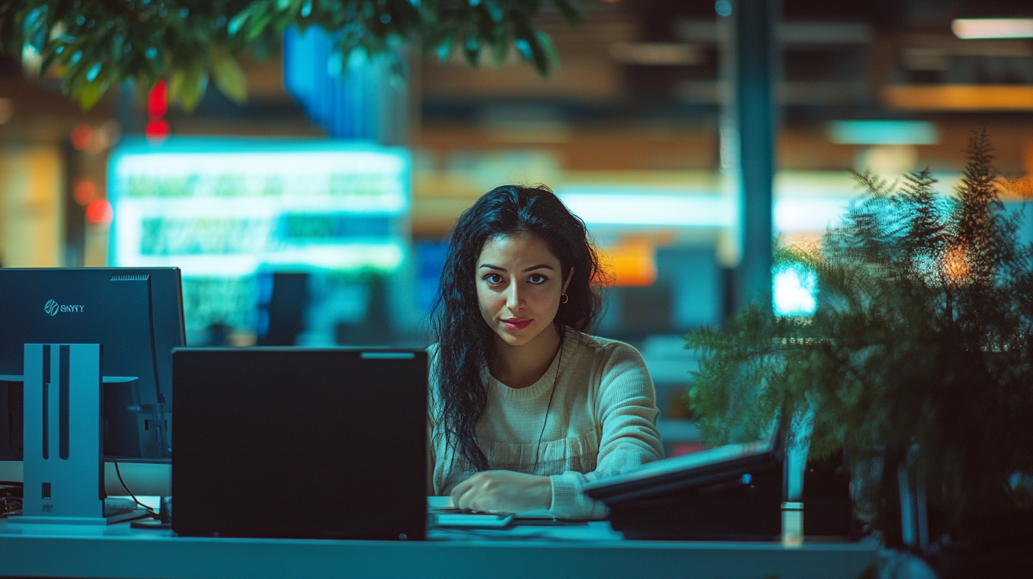 Smiling Mexican woman working in colorful office