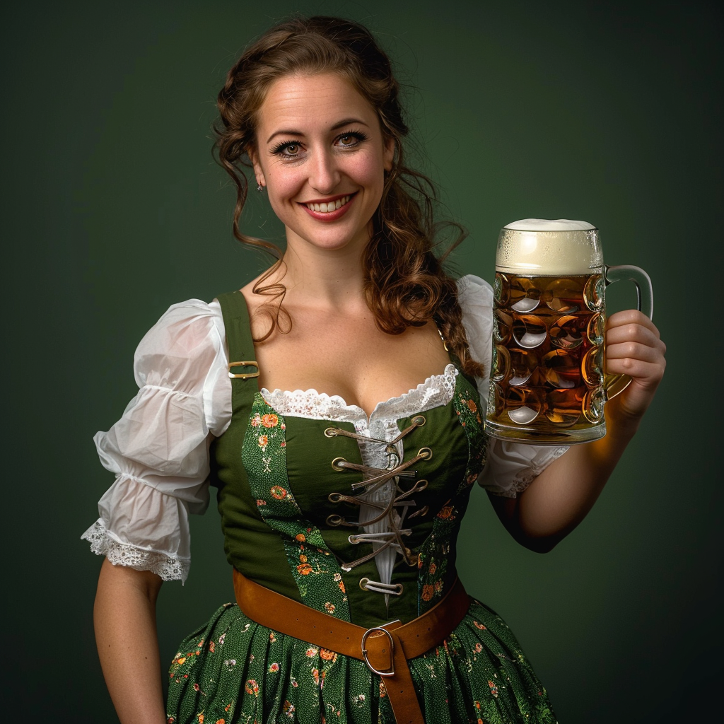 Smiling Oktoberfest Woman in Green Dirndl holding Beer 