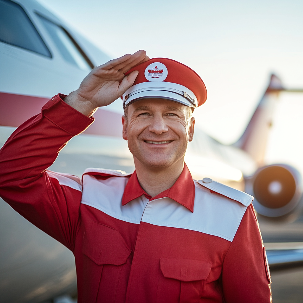 Smiling Pilot in Red Uniform Stands by Airplane