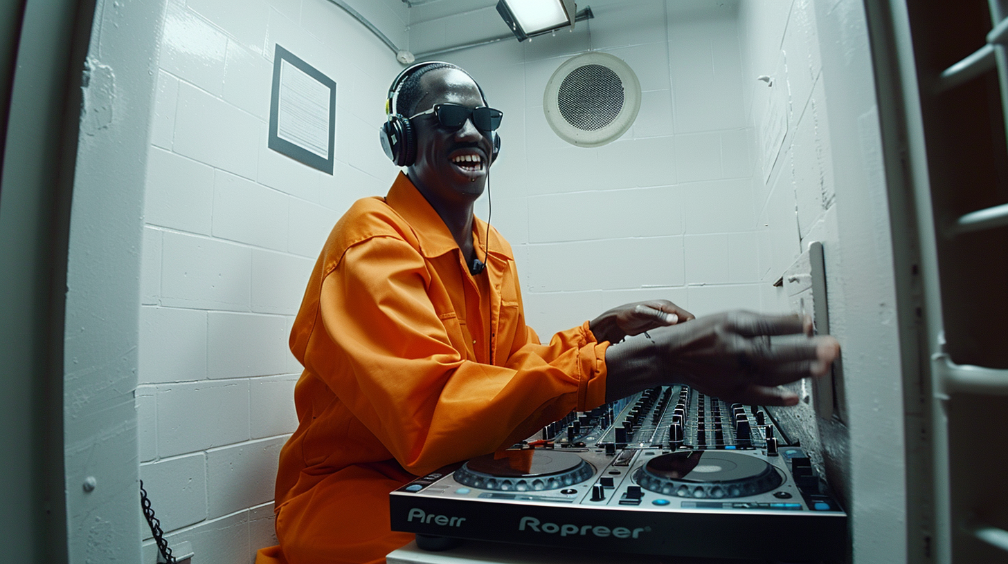 Smiling Prisoner DJ in Small Cell, 4K Ultra HD