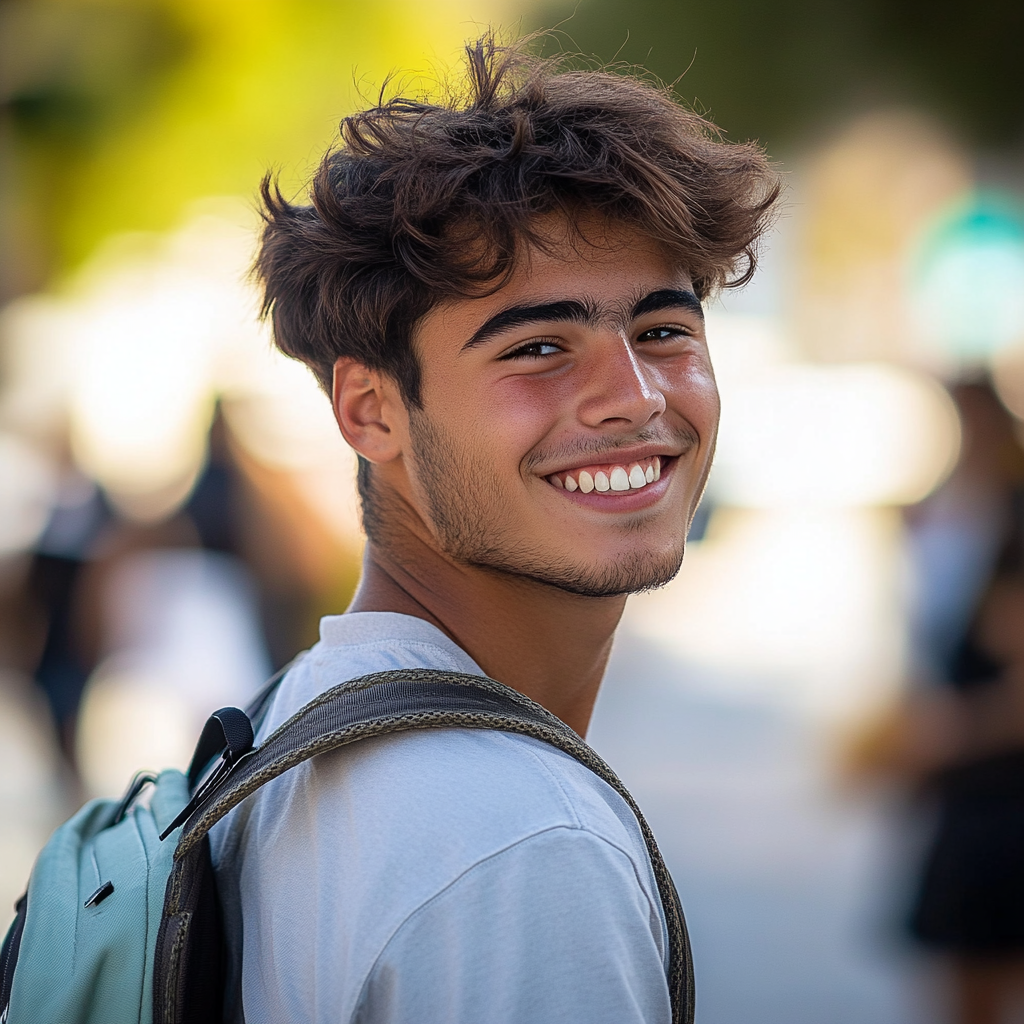 Smiling Spanish student with school backpack and Sony A7III.