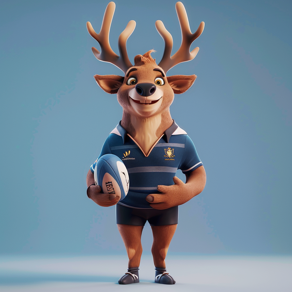 Smiling Stag Rugby Mascot in Blue Hoops