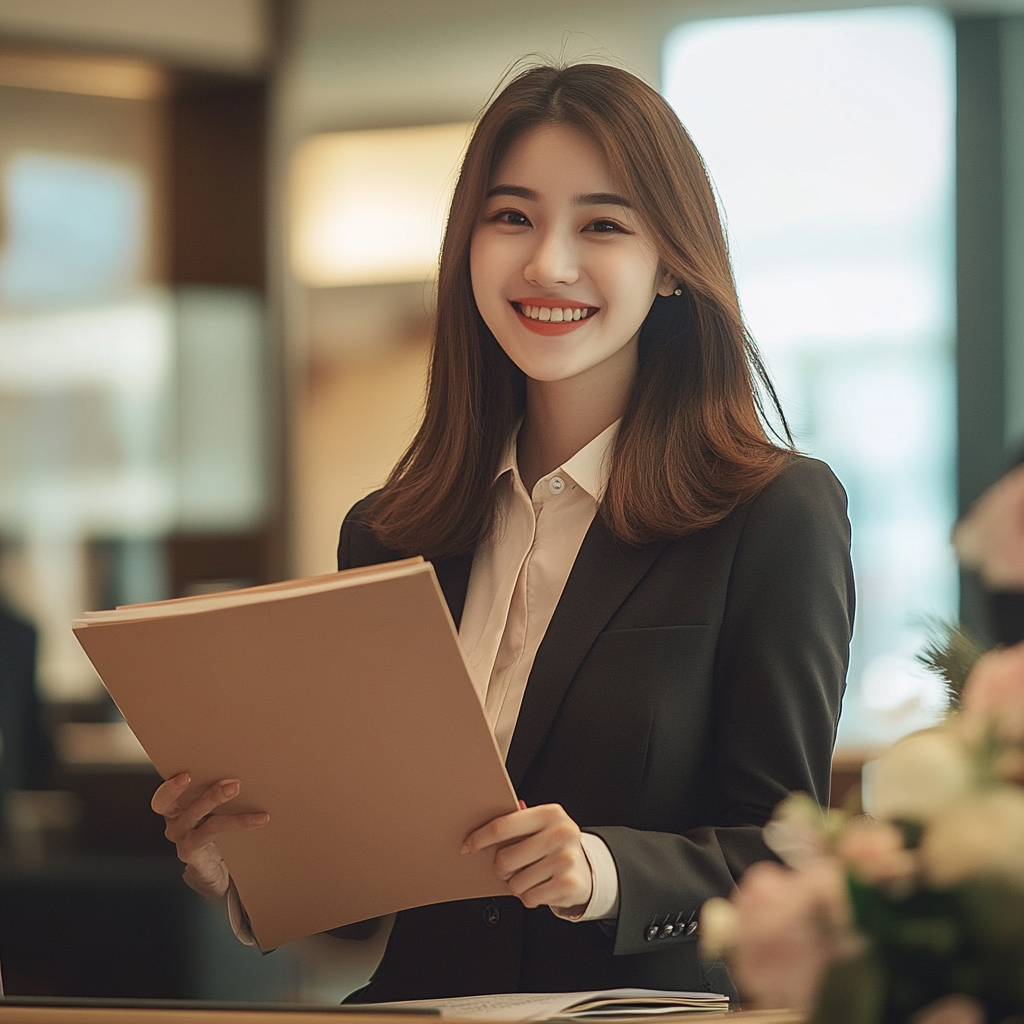 Smiling Taiwanese female bank employees introducing low-interest loans