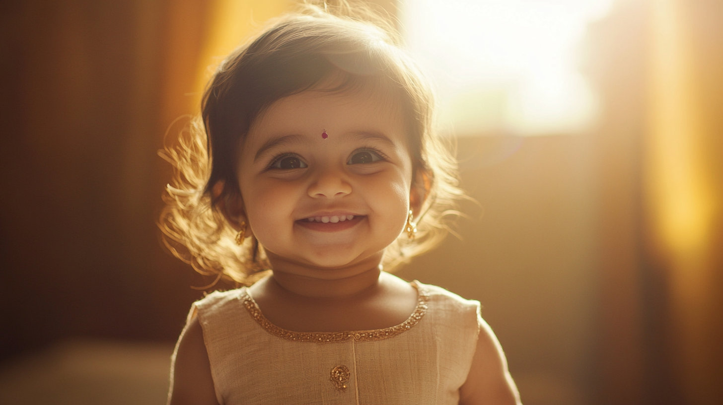 Smiling Tamil baby girl in warm cinematic frame.