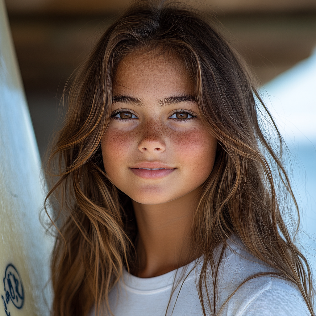 Smiling Teenage Girl Stands on Surfboard