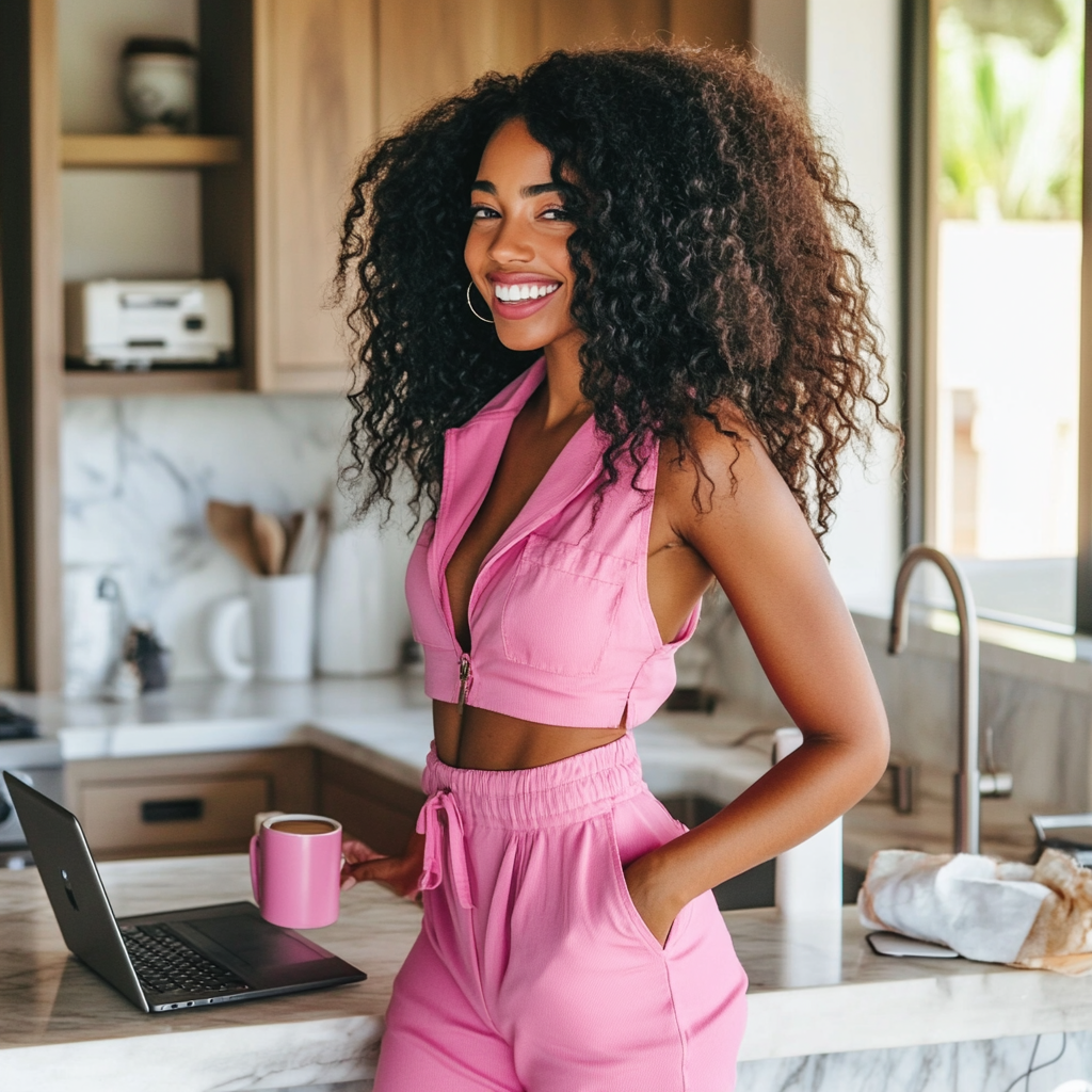 Smiling black woman with laptop in stylish kitchen.