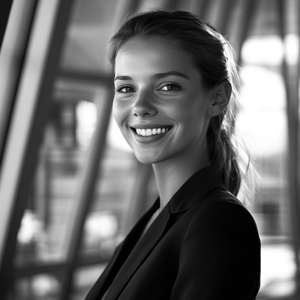 Smiling businesswoman in office, Fuji camera aesthetics. Life-time focus.