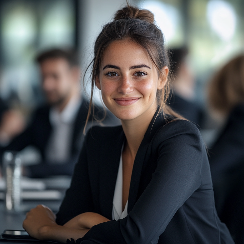 Smiling businesswoman leading office meeting