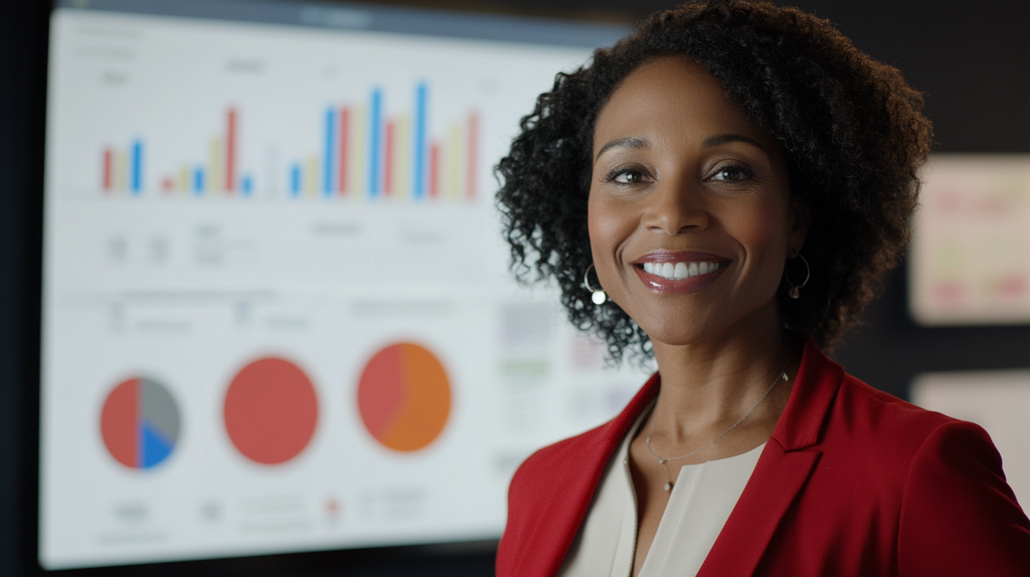 Smiling businesswoman with data analysis insights, red and blue.