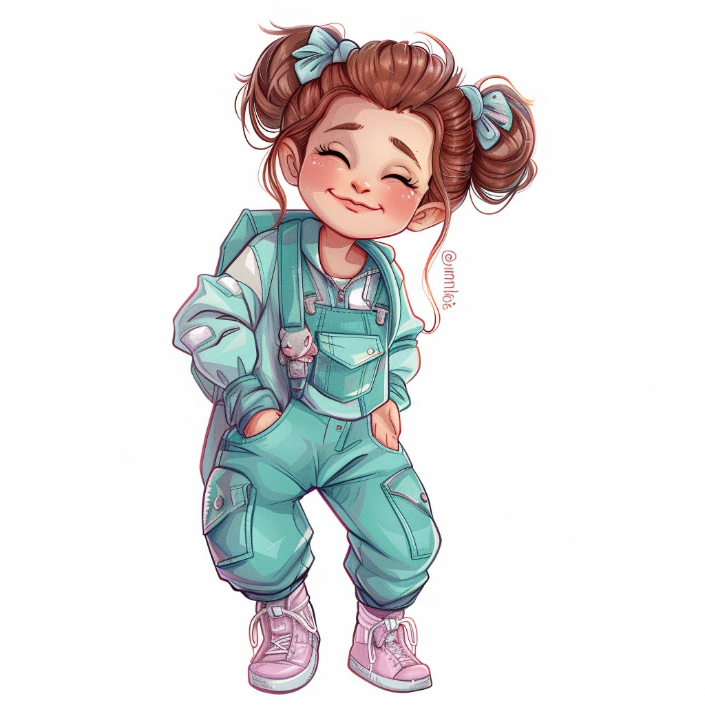 Smiling chibi girl in pink suit, backpack