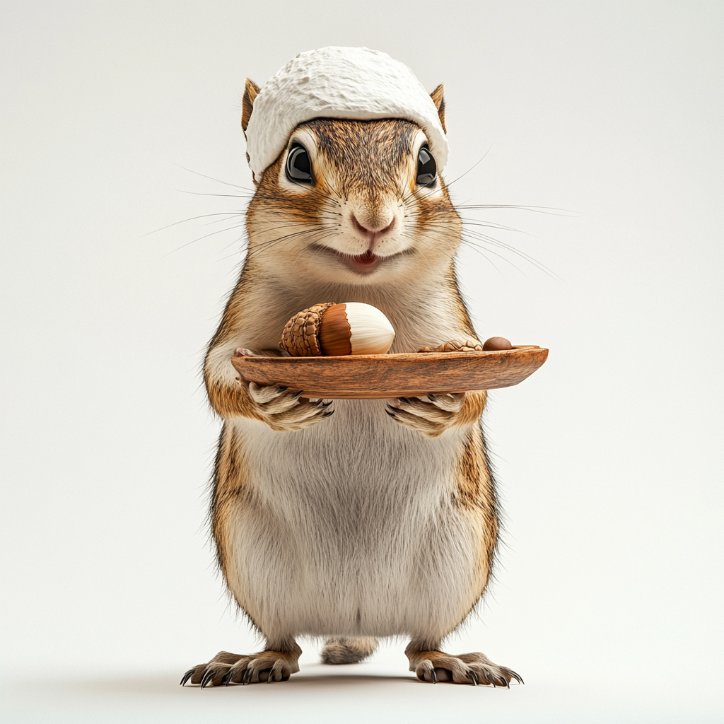 Smiling chipmunk holds acorn on wood tray, white background.