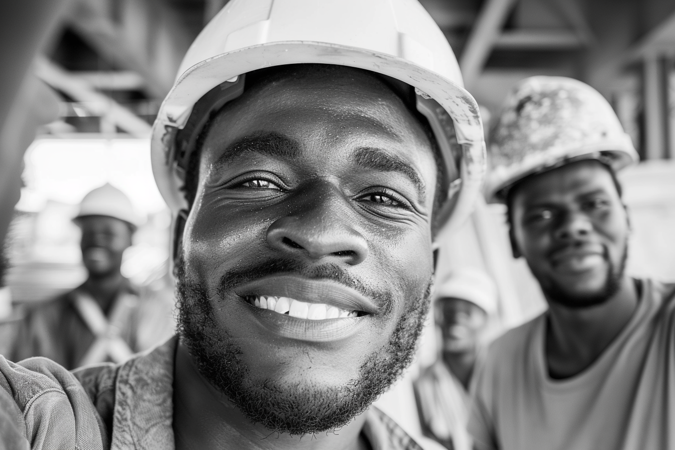 Smiling construction worker taking selfie with team in black-&-white.