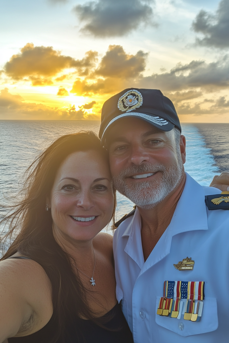 Smiling couple on cruise ship at sunset.