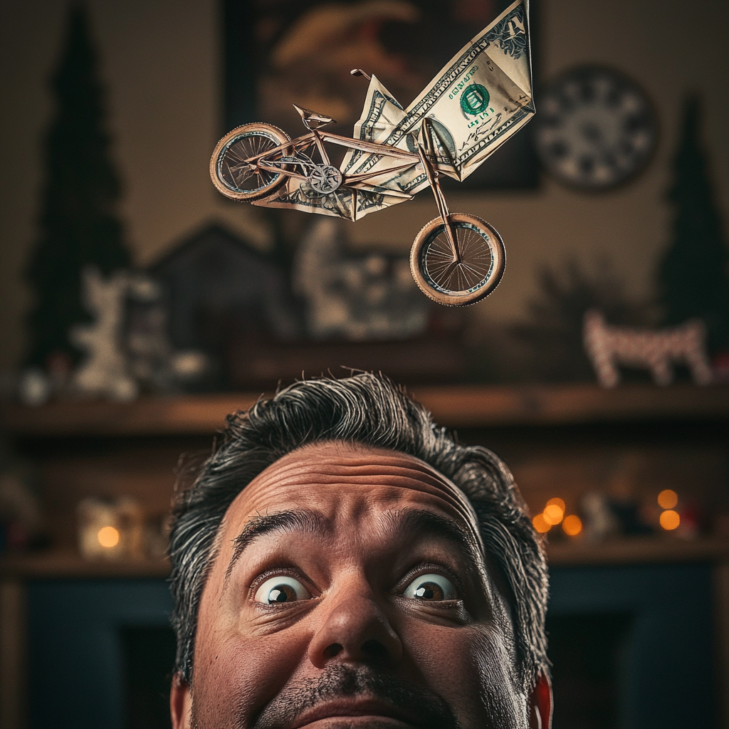 Smiling dad with origami bike, holiday decorations, lit fireplace.