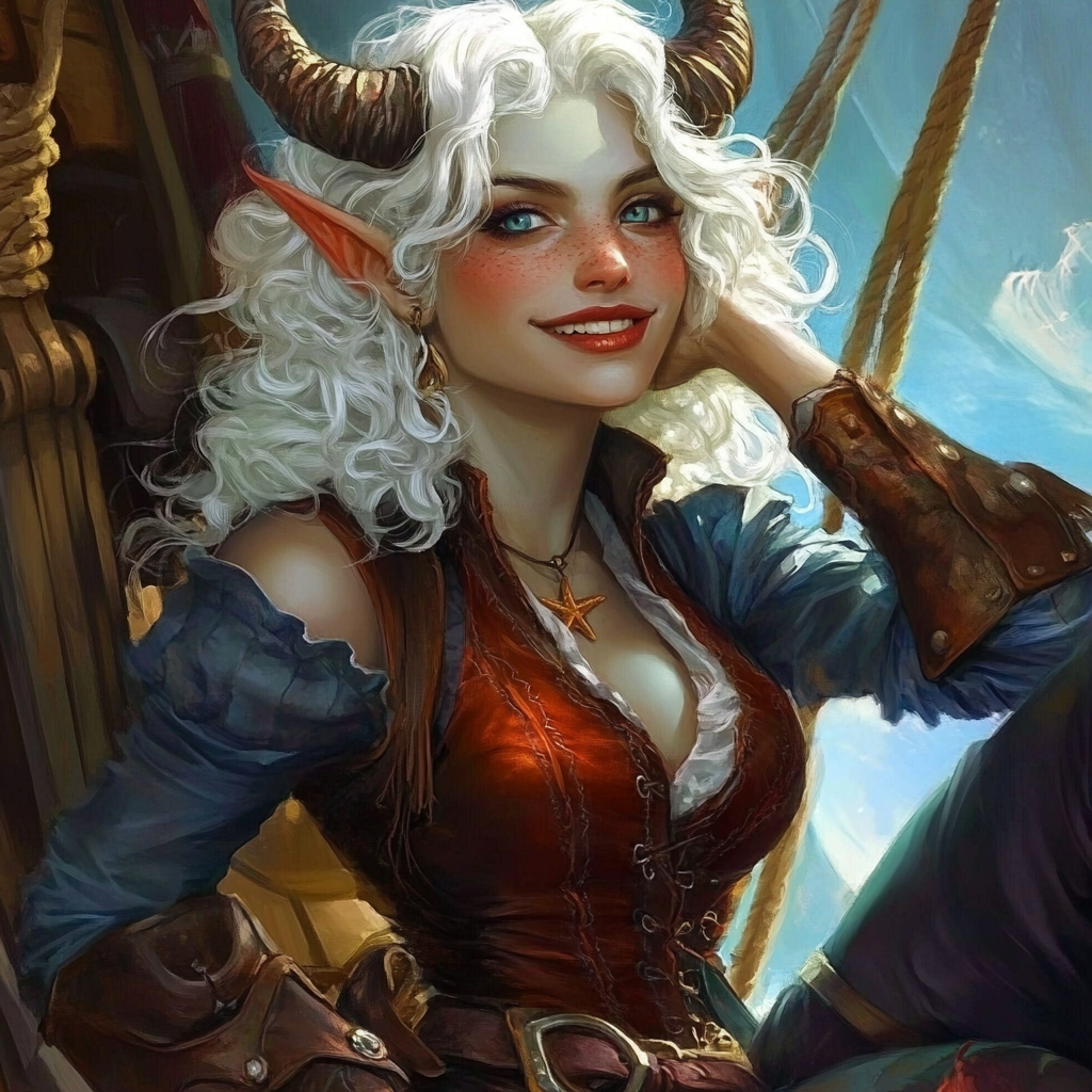 Smiling devil pirate girl on ship deck.