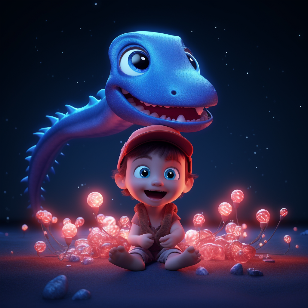 Smiling dinosaur and glowing jellyfish with planets behind.