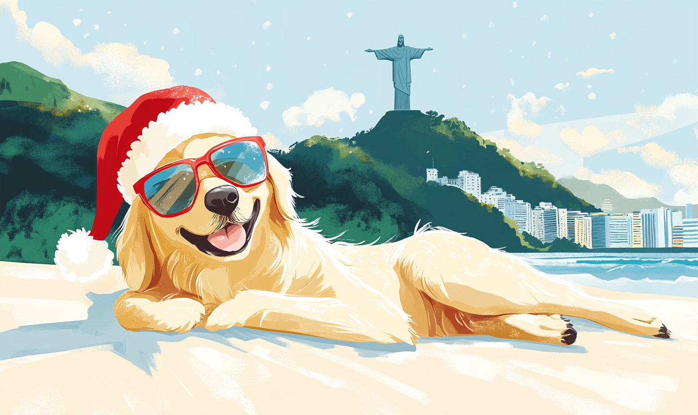 Smiling dog in sunglasses and Santa hat on beach.