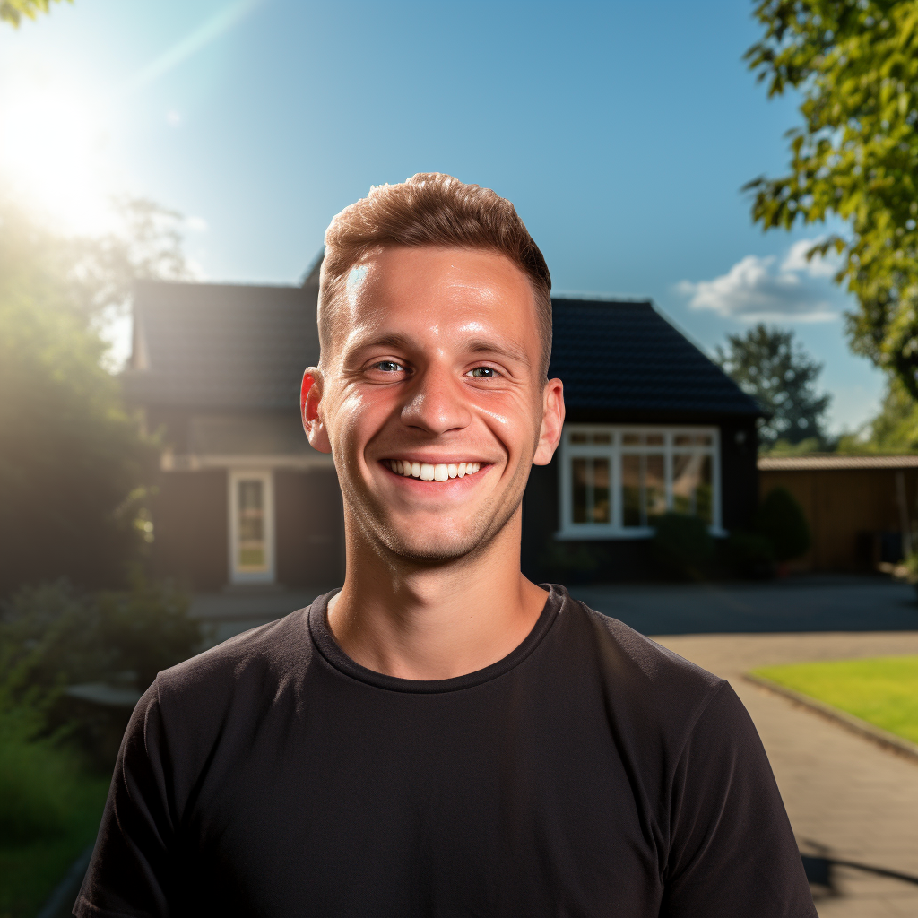 Smiling engineer at house in sunny weather caricature