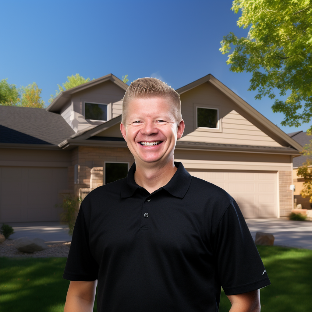 Smiling engineer in black shirt at sunny house