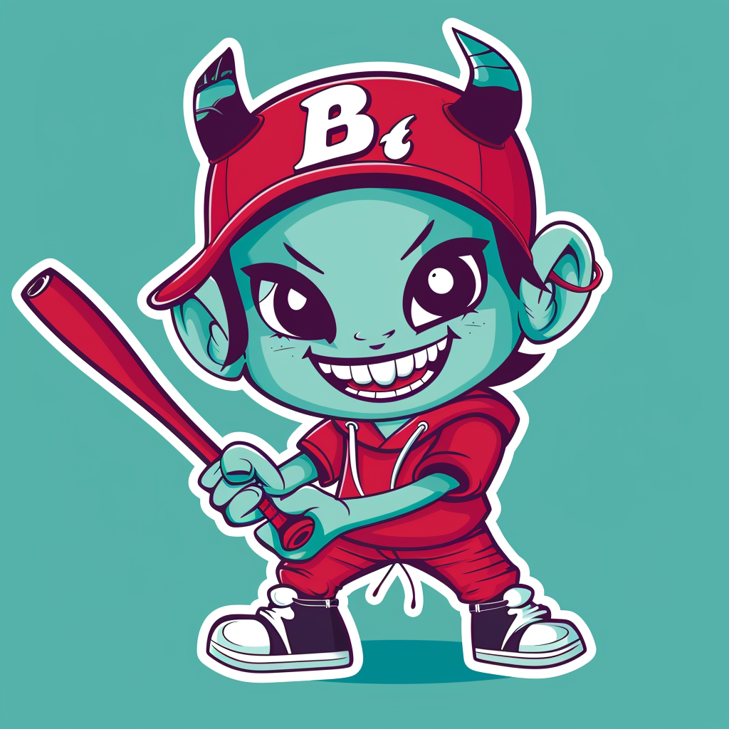 Smiling female devil in baseball outfit with bat, sticker.