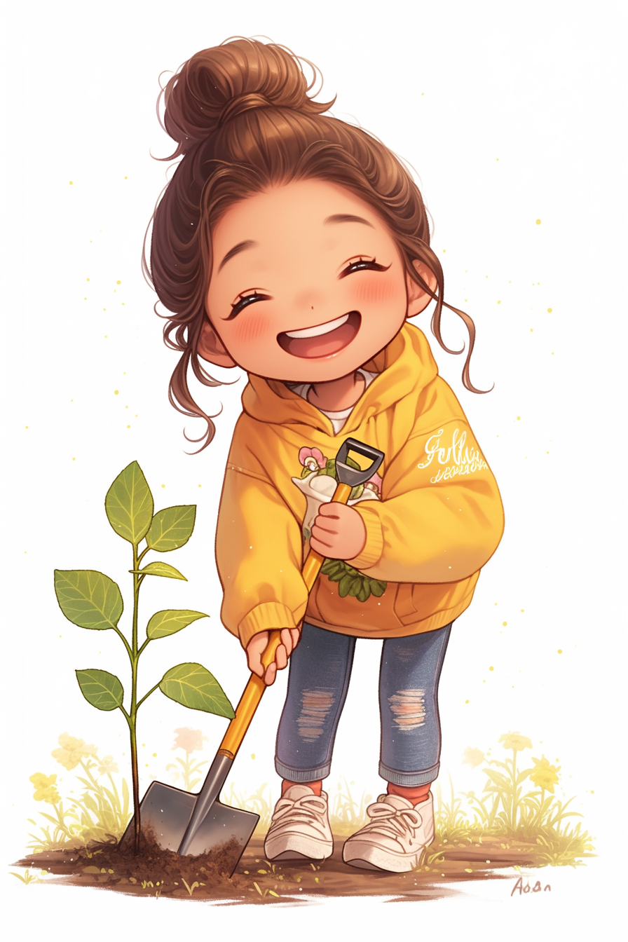 Smiling girl gardening in cute chibi style art