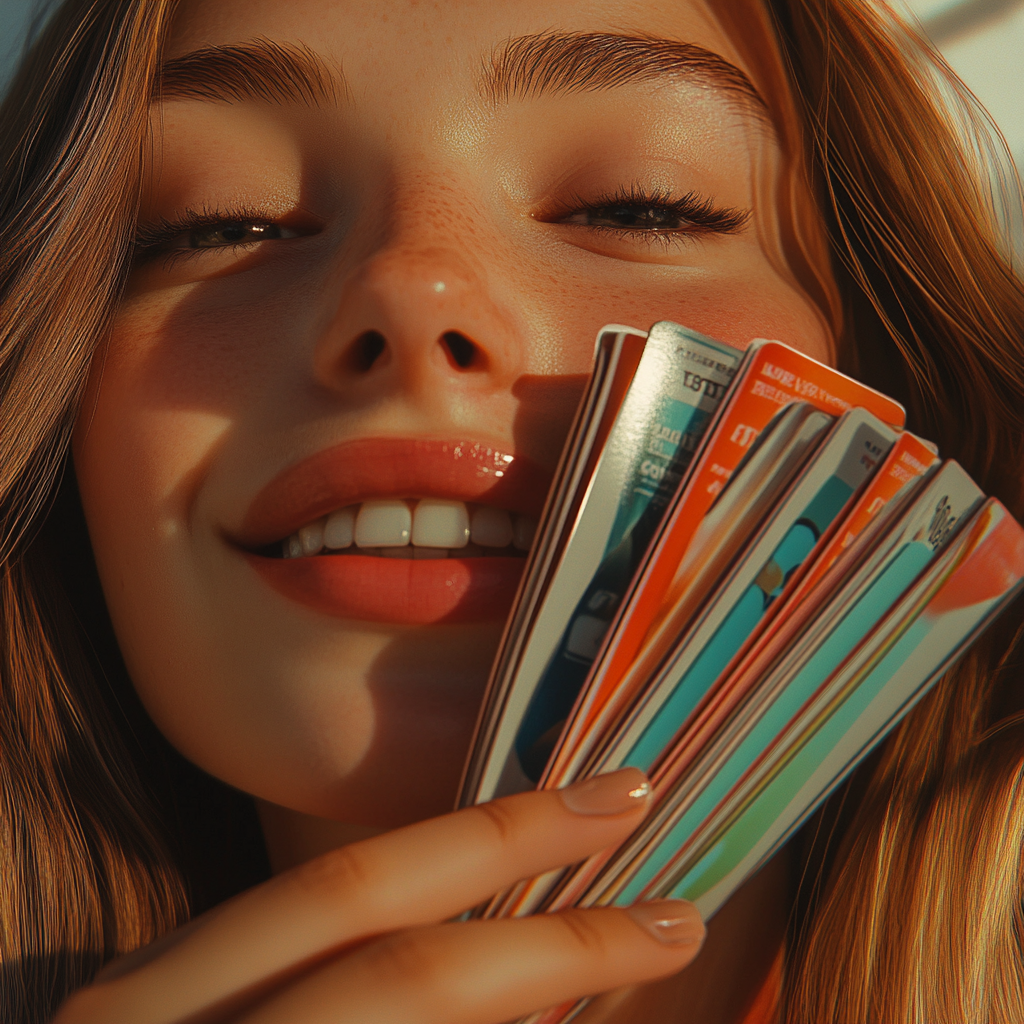 Smiling girl holding stack of glossy advertising leaflets