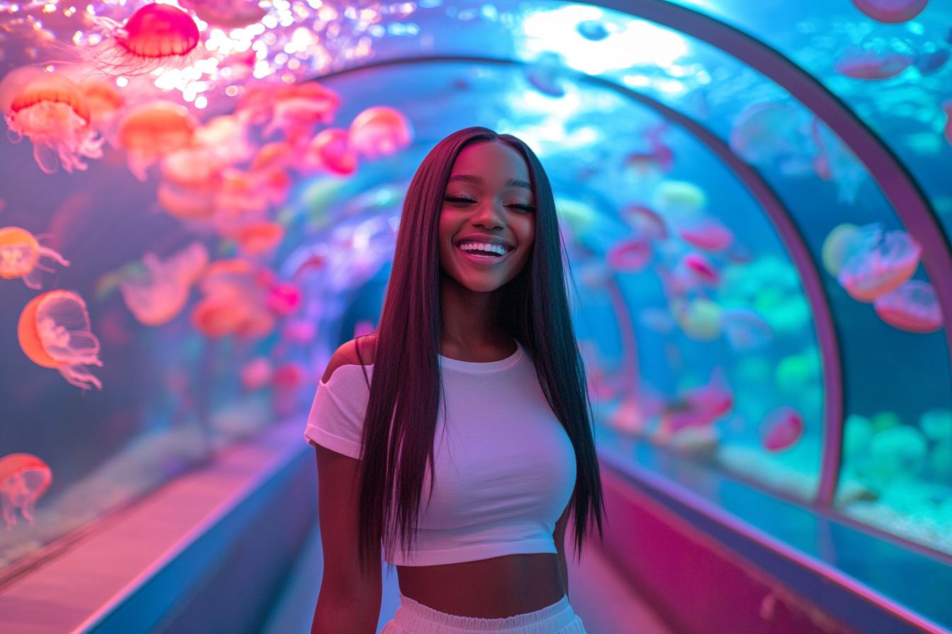 Smiling girl in tunnel with jellyfish at Aquarium.