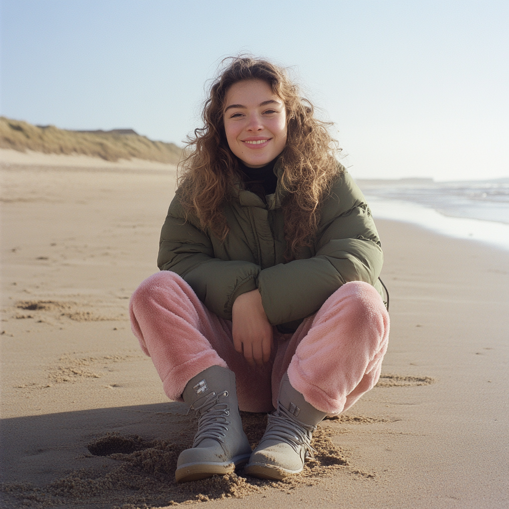 Smiling girl on British beach in autumn