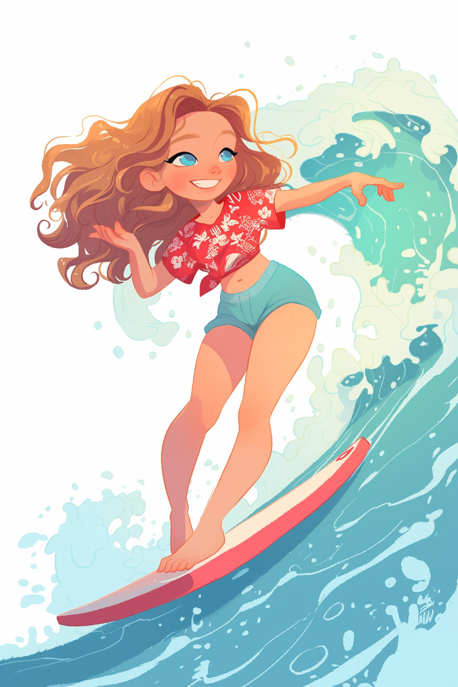 Smiling girl surfing on big waves in kawaii style