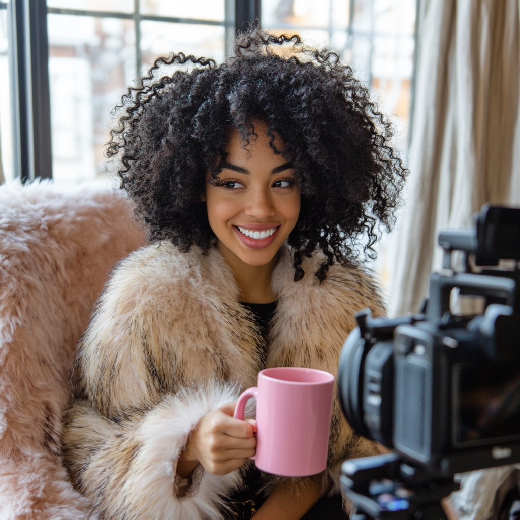 Smiling girl with curly hair holding pink coffee mug.