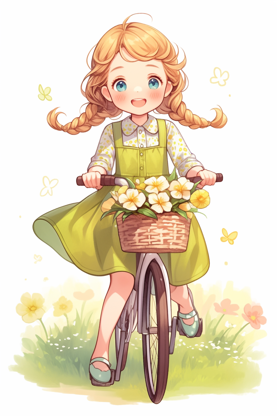 Smiling girl with flowers riding bicycle in style