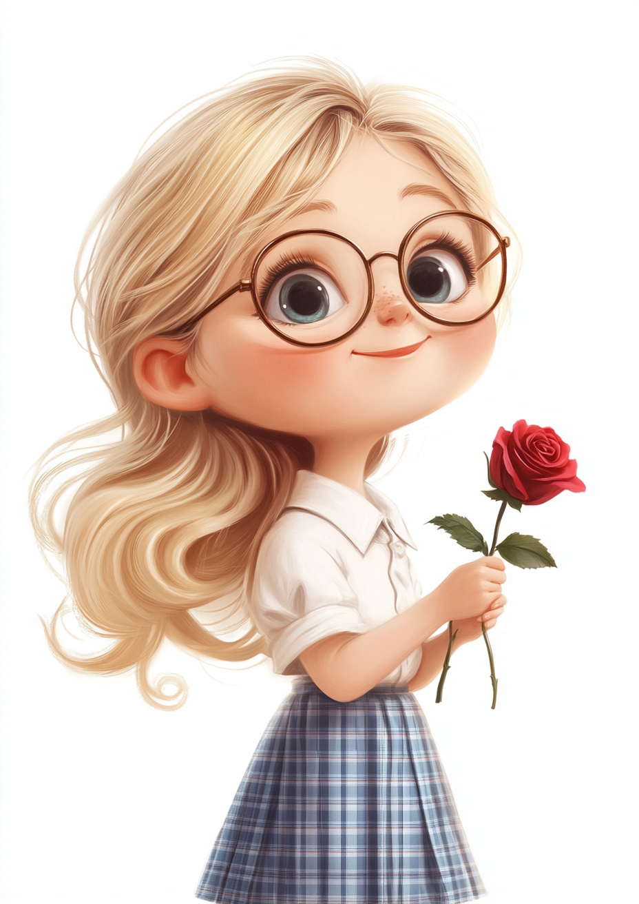 Smiling girl with glasses holding rose happily.