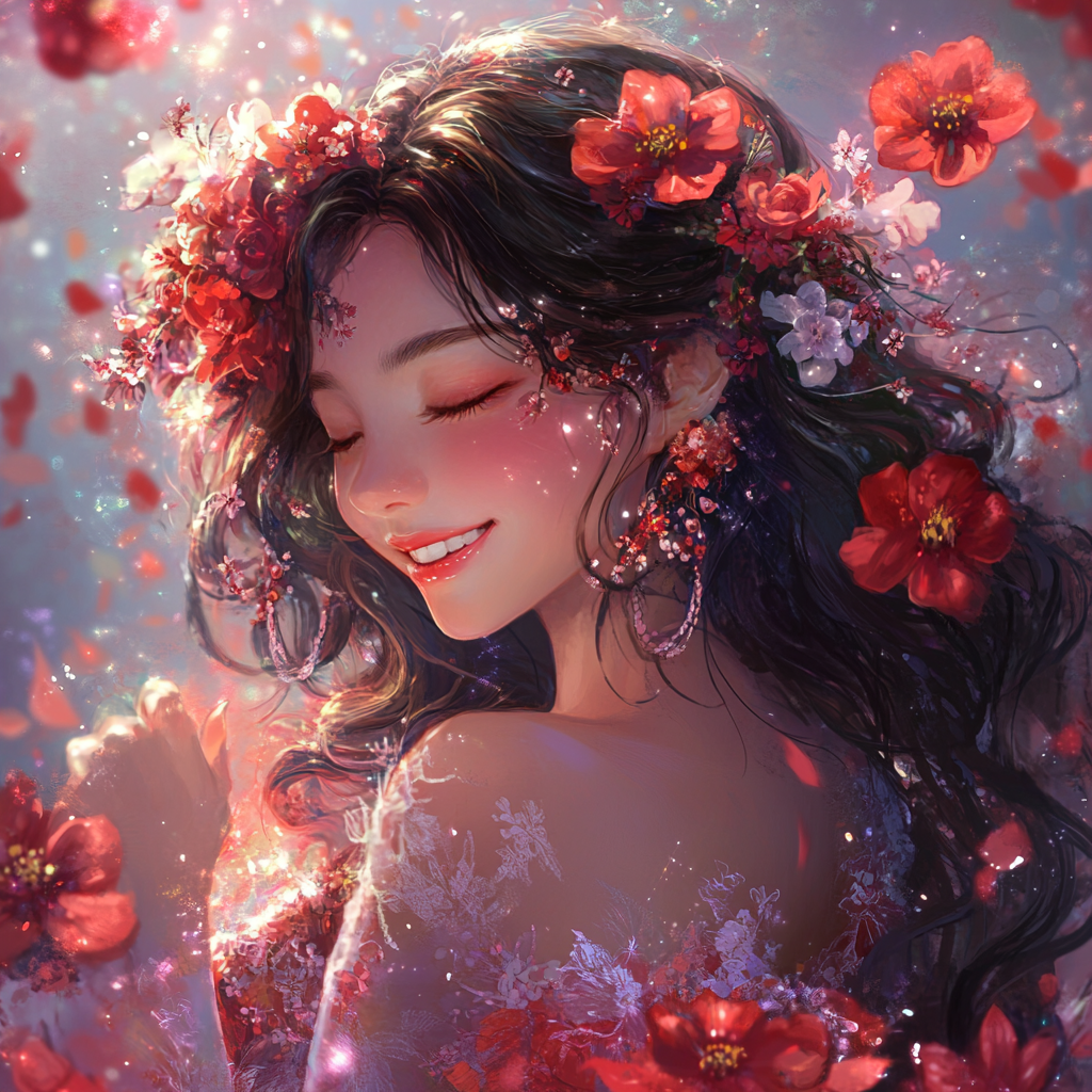 Smiling girl with long red flower hair accessory, lace dress.