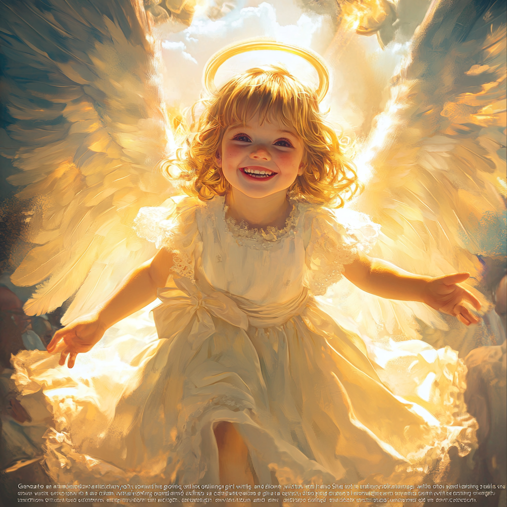 Smiling girl with radiant wings and glowing halo, serene.