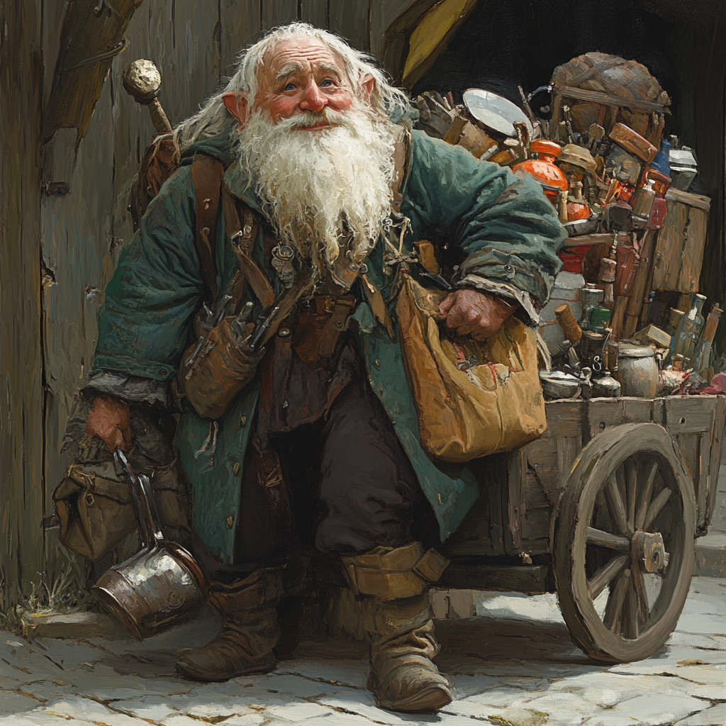 Smiling gnome Finnigan with white beard sells household items.