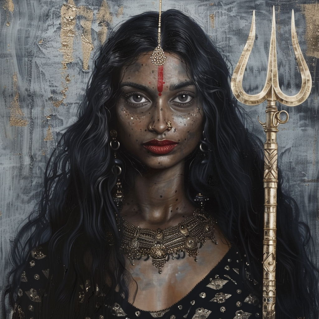 Smiling goddess Kali with trident and skull saree portrait.